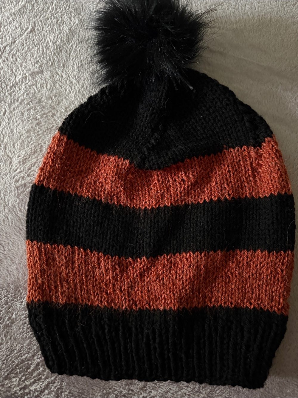 Adult Halloween Black & Orange Striped Pom Beanie -